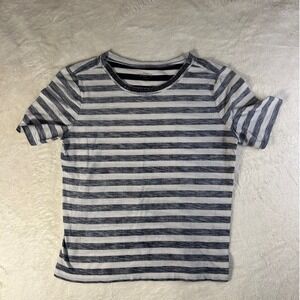 LOFT Striped Beaded Neck T Shirt Short Sleeve Gray White Medium